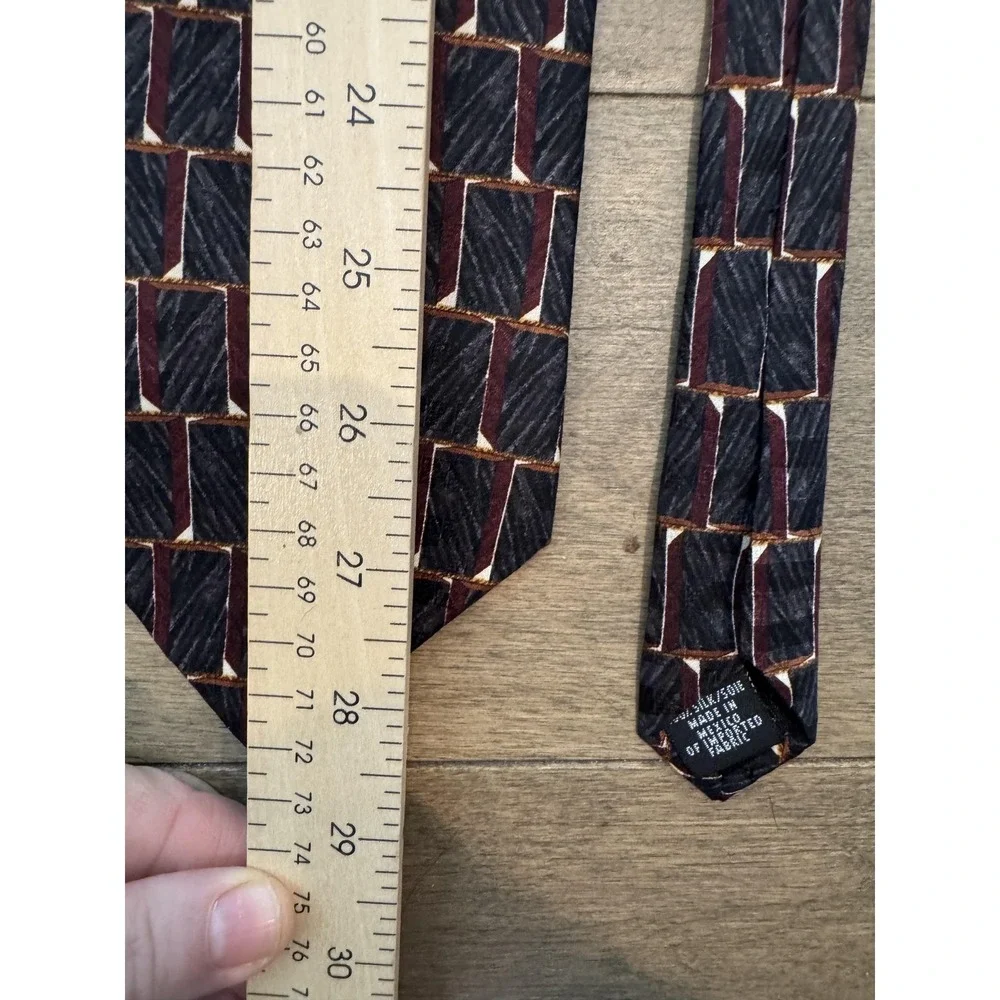 Oscar de la Renta Tie Mens‎ All Silk Geometric Pattern Burgundy Black Abstract
